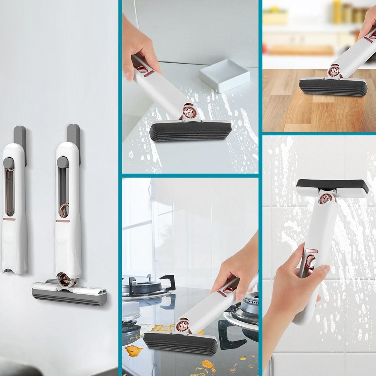 Mini mop pentru suprafete si geamuri, cu sistem autostoarcere, Alb