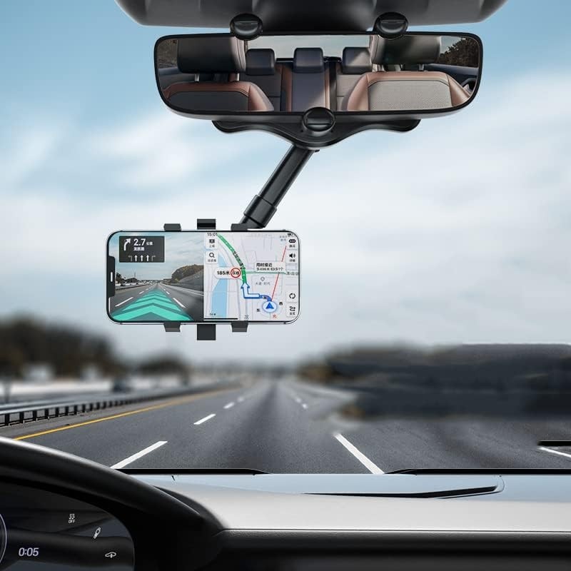 Suport auto universal pentru telefon cu atasare la oglinda retrovizoare, Rotativ si retractabil, Negru
