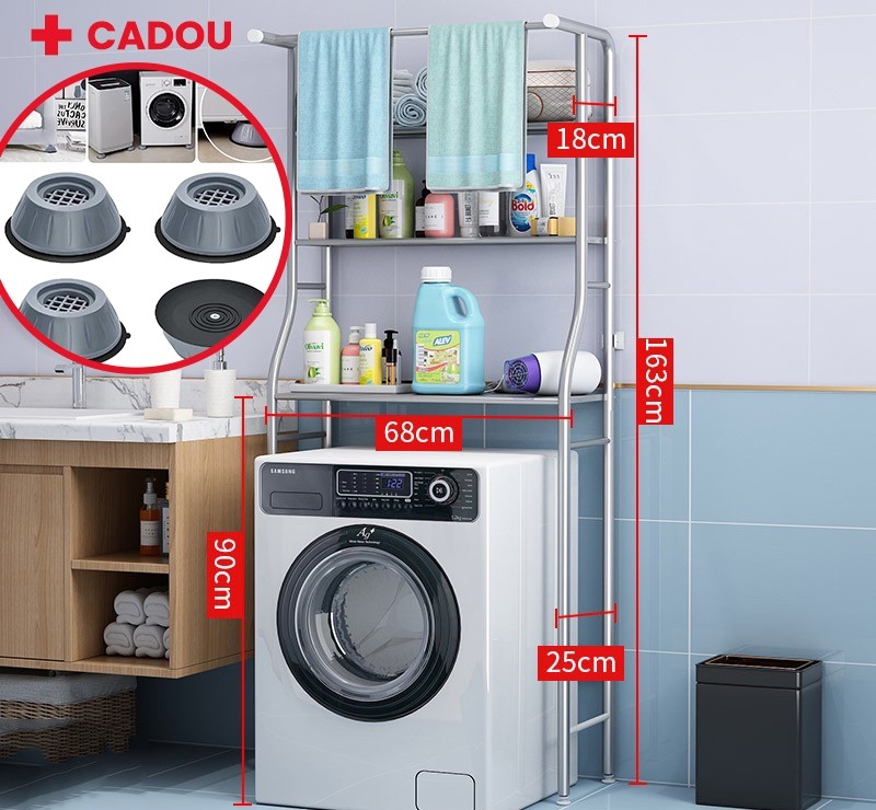 PACHET PROMO! Raft depozitare masina de spalat, 3 polite, etajera baie + SET 4 PICIORUSE ANTIDERAPANTE MASINA DE SPALAT