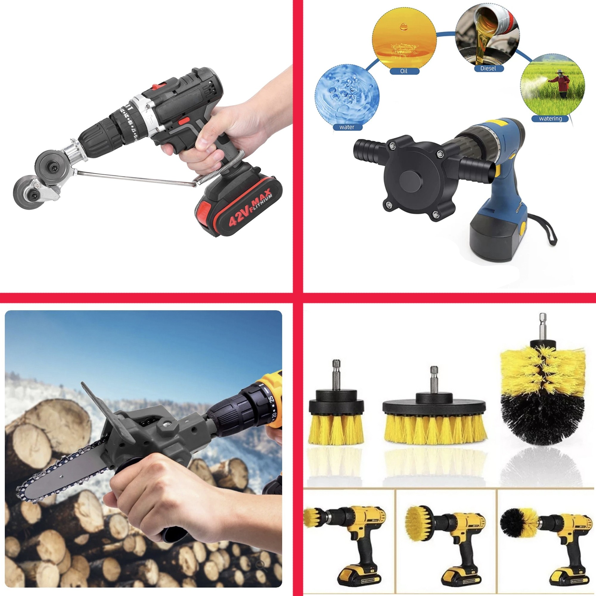 Kit COMPLET Bormasina, 4 produse: Adaptor Drujba pentru bormasina + Pompa transfer lichide electrica + Set 3 perii curatenie + Adaptor taiat tabla si materiale feroase