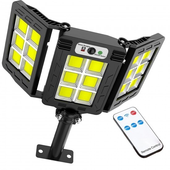 LAMPA SOLARA TRIPLA DE PERETE CU SENZOR DE LUMINA SI MISCARE , 360 LED COB, TELECOMANDA