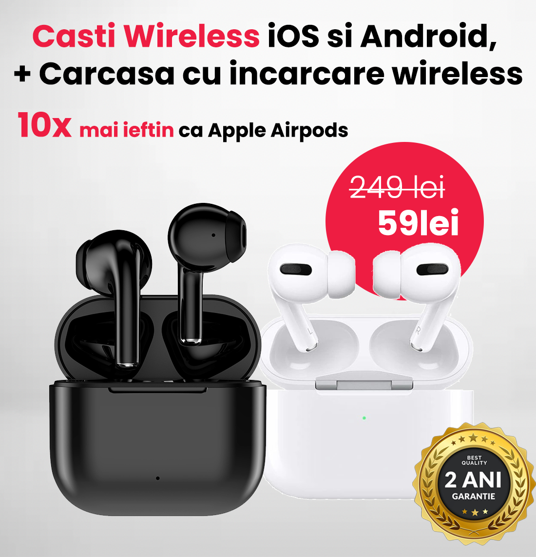 Casti Bluetooth Wireless PRO, compatibile iOS si Android, Carcasa cu incarcare wireless 