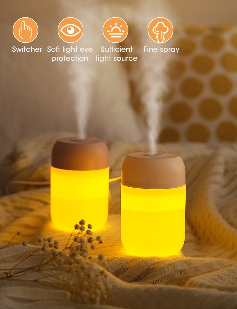 Umidificator portabil cu lumini si ceață AirClean, difuzor aromaterapie + 12 uleiuri esentiale cadou 