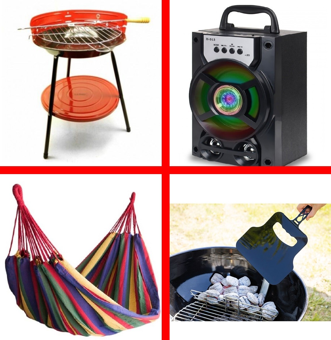 Pachetul de Week End, Gratar pe Carbuni + Hamac Multicolor + Boxa Portabila Bluetooth si Evantai Gratar 