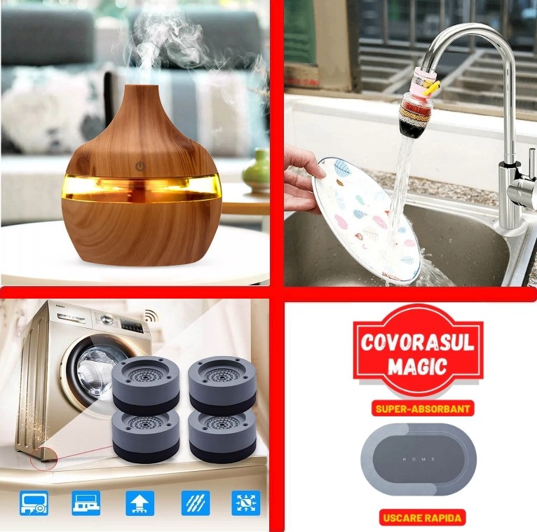 Set Complet Umidificator Camera + Filtru Purificare Apa cu Granule + Covorasul Magic pentru baie + Set 4 Picioruse Antivibratie